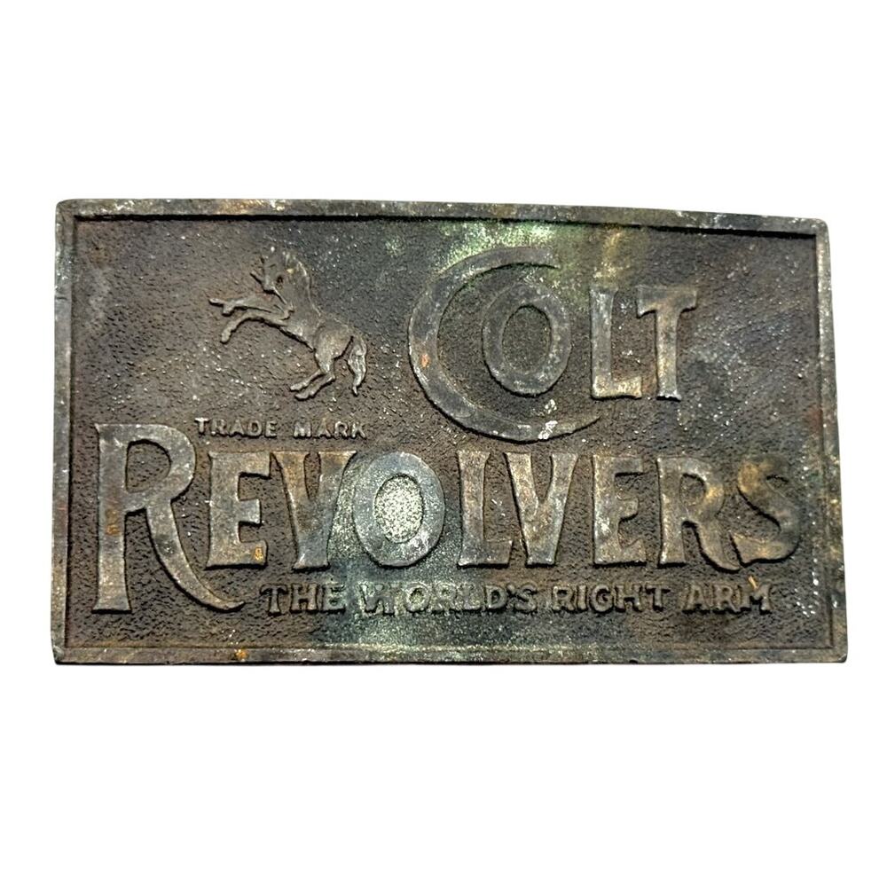 Vintage Colt Revolvers Belt Buckle Horse Logo The World's Right Arm Dark Metal